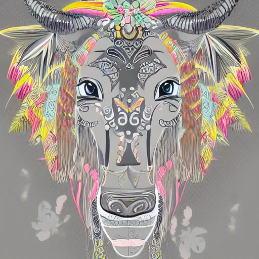 Image similar to gray paper + an intricate cute bull depiction + elaborate illustration, very detailed, deviantart, 8 k vertical wallpaper, tropical, colorful, airy, anime illustration, anime nature