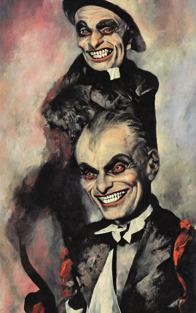 Prompt: portrait of conrad veidt the man who laughs freakish grin, award winning oil painting, sharp color palette