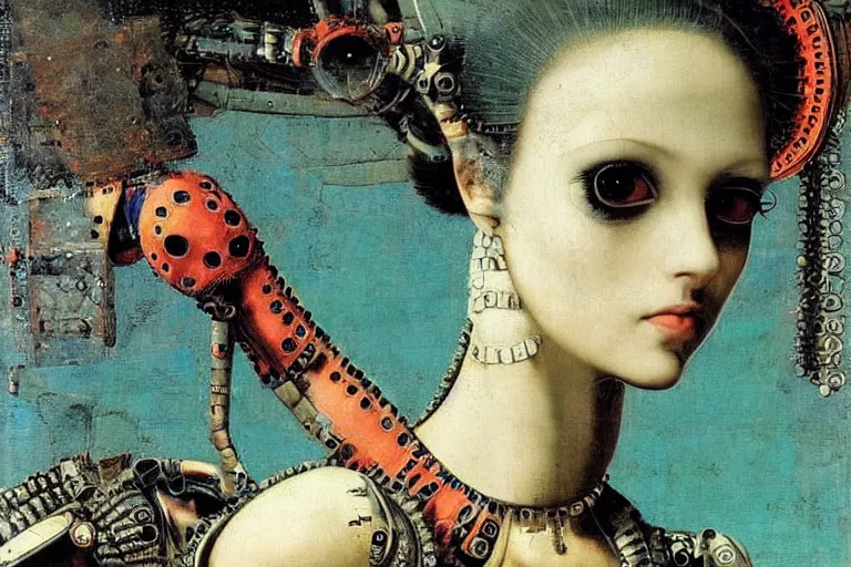 Prompt: close up portrait of a fractal punk goth alien martian girl in a fluorescent cyberpunk futuristic city by ellen von unwerth, oil painting by canaletto hieronymus bosh leonardo da vinci piero della francesca botticelli