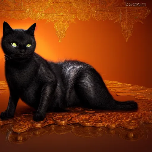 Image similar to a full-body shot of a black void cat with golden glowing eyes, fairytale, beautiful, intricate, elegant, ornate, super detailed, Octane render, reflections