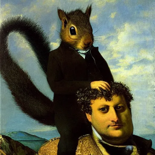 Image similar to a giant squirrel carrying napoleon bonaparte, courbet