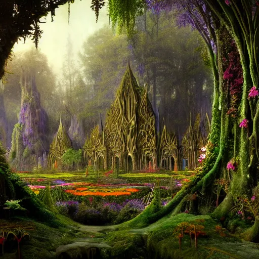 Image similar to a beautiful and highly detailed matte painting of an elven palace in a magical fantasy forest garden, psychedelic flowers and trees, strange vegetation, epic scale, insanely complex, hyperdetailed, sharp focus, hyperrealism, artstation, cgsociety, 8 k, bright colors, by caspar friedrich, albert bierstadt, james gurney, brian froud,