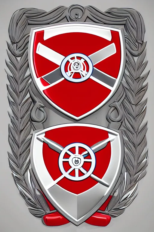 Prompt: a coat of arms containing a red and white arsenal football club crest, line drawing, official documentation, highly colorful, 3 d render, high quality