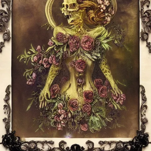 Image similar to a beautiful detailed front view baroque portrait of a rotten woman corpse becoming almost a skull with fractal plants and fractal flowers and mushrooms growing around, intricate, ornate, volumetric light, beautiful lit, polaroid photography