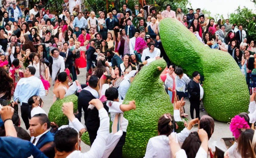 Prompt: a crowd of mexicans dancing around a giant avocado in a wedding,