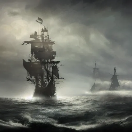 Prompt: large lonely old pirate ship drifting amongst the clouds and fog with heavy dark storm beautiful Concept art