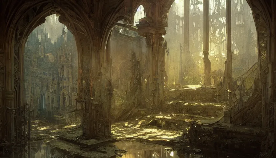 Prompt: a beautiful intricate painting of a abandoned dungeon, reflections, very high details by william turner art, greg rutkowski and alphonse mucha, trending on artstation, very very detailed, masterpiece,