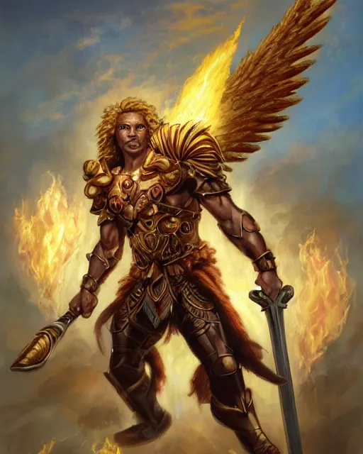 Prompt: mtg character portrait of a brawny male leonin warrior african lion angel of justice, with fiery golden wings of flame, wearing shining armor, wielding flaming sword and holding large fiery shield, by peter mohrbacher and wadim kashin and greg rutkowski and larry elmore and george pemba and ernie barnes and raymond swanland and magali villeneuve, trending on artstation