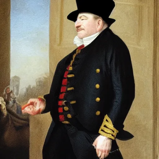 Prompt: Harvey Weinstein in 18th century British officer\'s outfit, drinking coffee