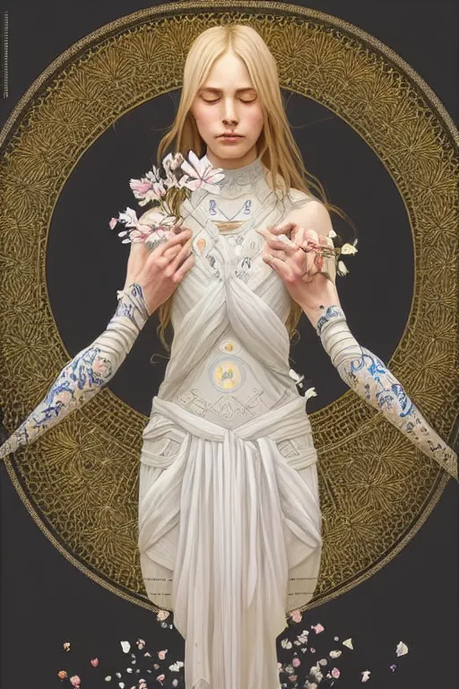 Image similar to symmetry!! full body portrait!!!! of a beautiful!!!! delicate elegant nordic shield maiden, pretty face!!!!, flower petals, intricate, elegant, highly detailed, digital painting, artstation, concept art, smooth, sharp focus, illustration, art by artgerm and greg rutkowski and alphonse mucha, 8 k