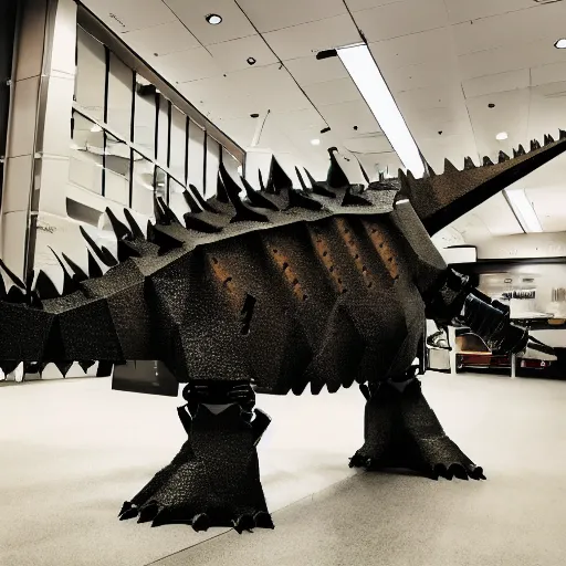 Prompt: photo of a robot stegosaurus