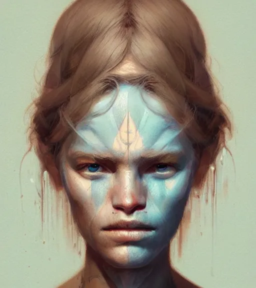 Image similar to portrait of a woman raised on the island face tatooes by greg rutkowski, dynamic lighting, gradient light blue, brown, blonde cream and white color scheme, grunge aesthetic