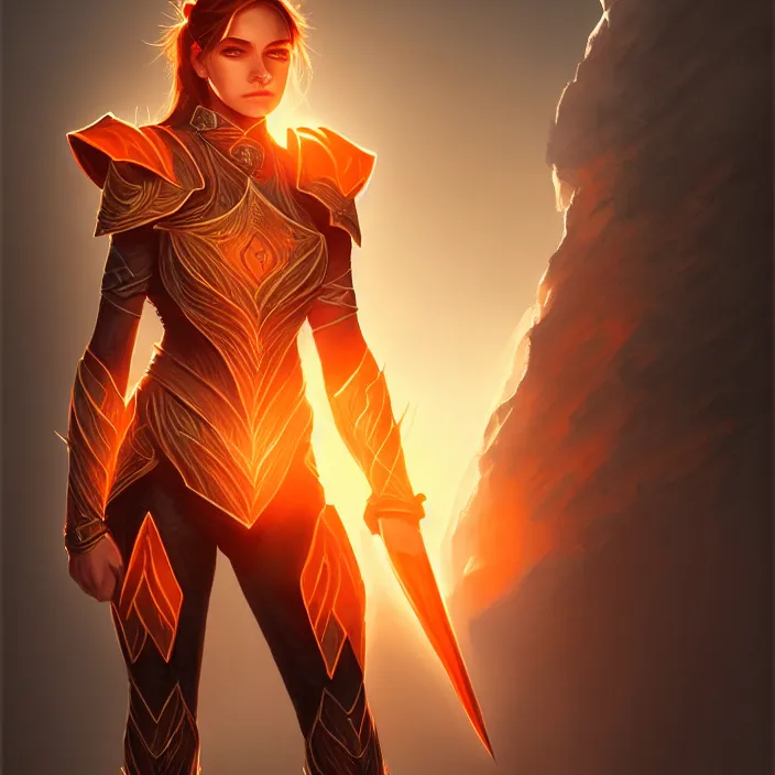 Prompt: masterpiece portrait of a d & d ranger with her quantum armor, orange and white, volumetric lighting, fantasy, intricate, elegant, lifelike, photorealistic, artstation, concept art, sharp focus, magic the gathering art