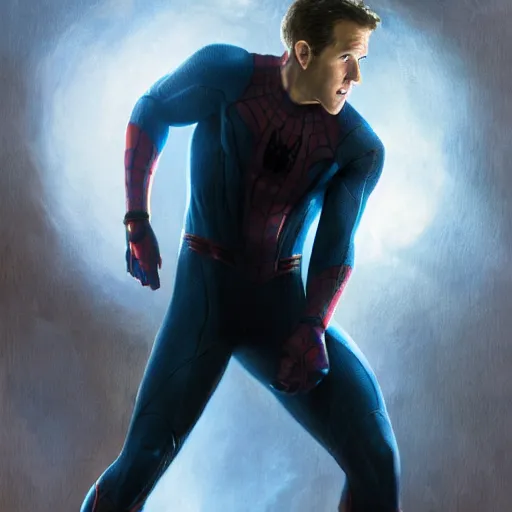 Image similar to ryan reynolds as spider - man, wearing a black and blue suit, cinematic, volumetric lighting, f 8 aperture, cinematic eastman 5 3 8 4 film, photorealistic by greg rutkowski, by stanley artgerm, by alphonse mucha