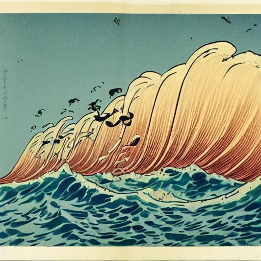 Image similar to by osamu tezuka balmy, monumental amaranth, cinnamon. the mixed mediart of a huge wave about to crash down on three small boats. the boats are filled with people, & they all look terrified.