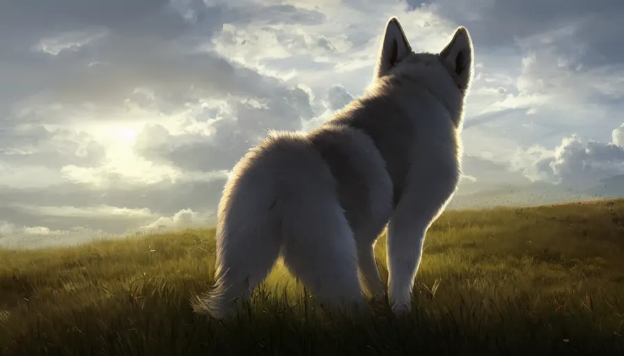 Prompt: back view of husky watching the sun sitting of the hill, clouds in the sky, hyperdetailed, artstation, cgsociety, 8 k