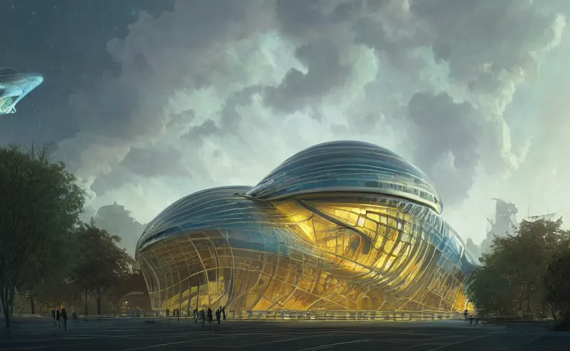 Image similar to exterior shot of utopian architecture transparent building with cinematic lighting by zaha hadid and renzo piano, darek zabrocki and greg ruthkowski, alphonse mucha, simon stalenhag, cinematic, stars, beautiful, holy place, paradise, scifi, futurism, atmospheric, concept art, artstation, trending on artstation