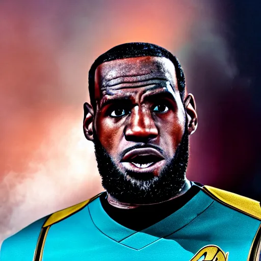 Image similar to first picture of lebron james as captain in new star trek movie, ( eos 5 ds r, iso 1 0 0, f / 8, 1 / 1 2 5, 8 4 mm, postprocessed, crisp face, facial features )