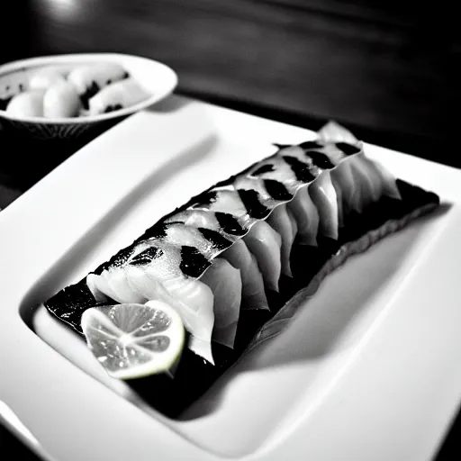 Prompt: gigantic gourmet salmon sashimi food photography black and white