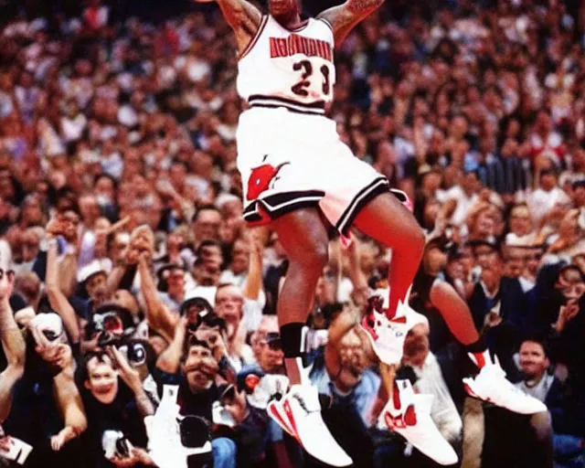 Image similar to dennis rodman t-posing in the air like jordan. he is flying over the city like a delicate little dove. windmill dunk.