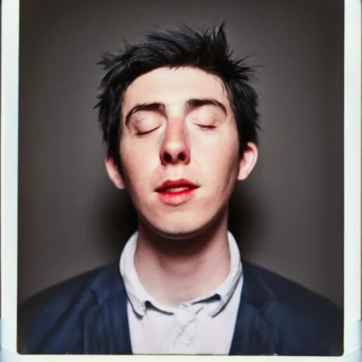 Image similar to a professional polaroid portrait fine art photo of a young adult man with an asymmetrical face with his eyes closed. the man has black hair, light freckled skin and a look of confusion on his face. extremely high fidelity. key light. in the style of gilbert & george.