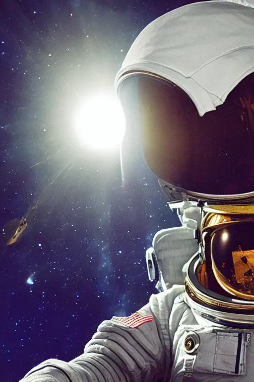 Prompt: extremely detailed studio portrait of space astronaut, holds a smart phone in one hand, phone!! held up to visor, reflection of phone in visor, moon, extreme close shot, soft light, golden glow, award winning photo by nasa