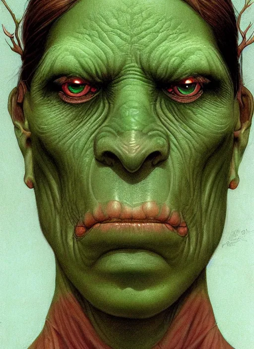 Image similar to green orc female, light green tone beautiful face by wayne barlowe