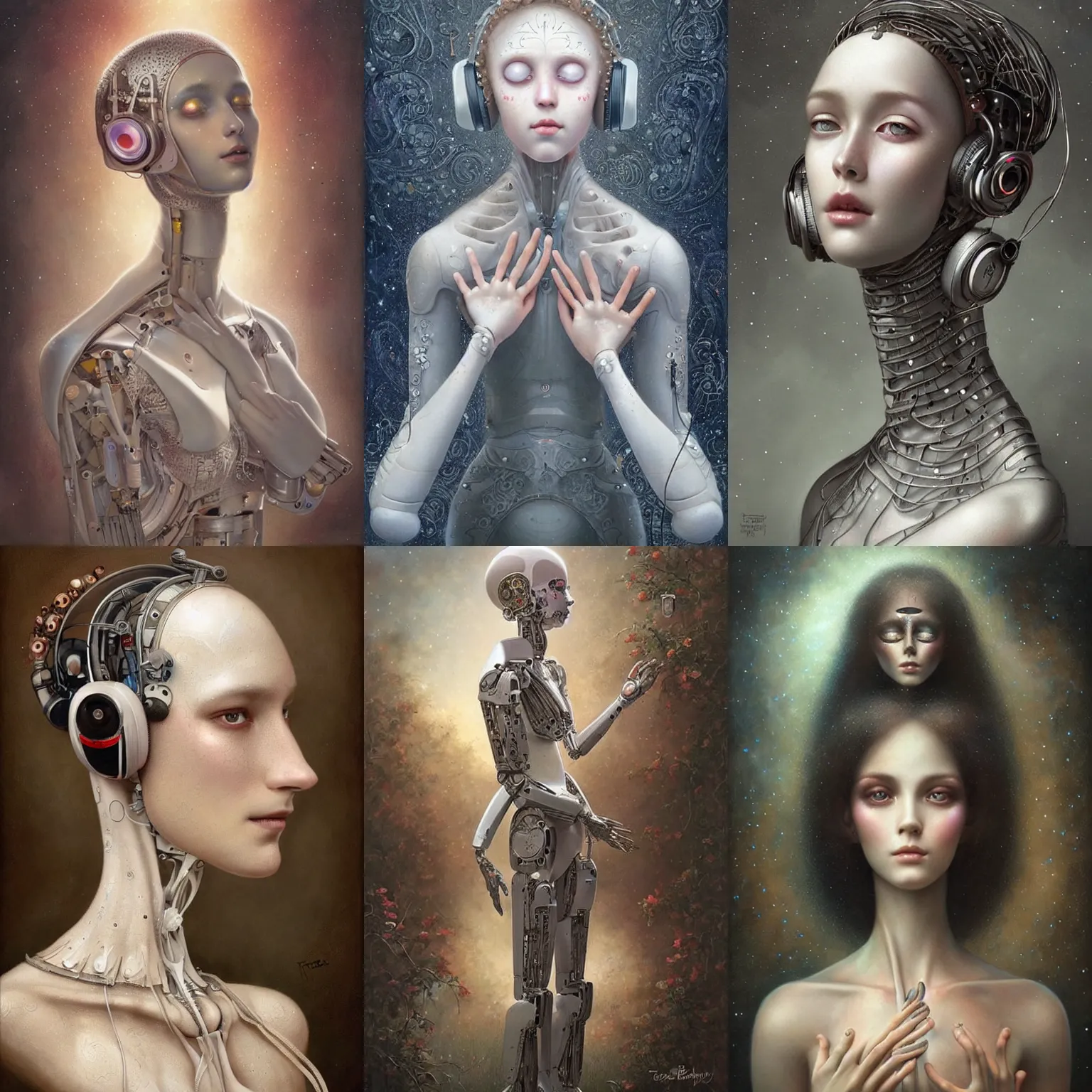 Prompt: beautiful humanoid robot, listening to godly music, music in the air, eye tears, crying, smiling, highly detailed, perfect proportions, art by tom bagshaw