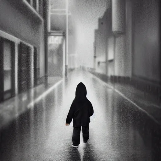 Prompt: A small child wearing black shoes and a rain coat obscuring his face walking alone in a dark alley,it is raining heavily, scary atmosphere,gloomy lighting, digital art , highly detailed , high contrast, beautiful lighting, award winning , trending on art station, 8k, photo realistic