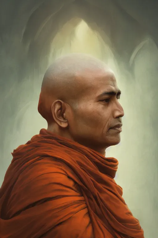 Prompt: hindu monk, close - up portrait, devoted, intricate, elegant, volumetric lighting, scenery, digital painting, highly detailed, artstation, sharp focus, illustration, concept art, ruan jia, steve mccurry