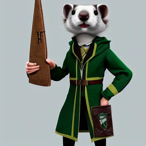 Image similar to a anthropomorphic ferret is dressed as a hogwarts student in slytherin robes, hyperdetailed, artstation, cgsociety, 8 k