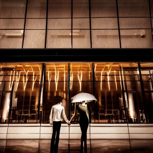 Image similar to couple dining modern high end designer restaurant at night in the foggy rain, symmetrical art deco office building with organic lighting, moody, epic composition, professional photograph, highly detailed, warm lighting interior, large windows, dramatic lighting