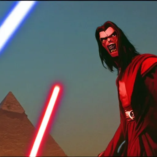 Prompt: morbius. morbius!!!!!!!!!! morbius. morbius holding a lightsaber. and skywalker, pyramids in background.