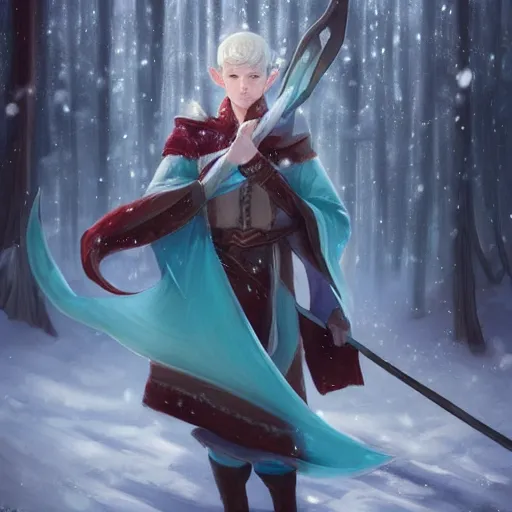 Image similar to handsome male snow elf with pointed ears in a turquoise cape as an archer, albino skin, moonlight snowing, ethereal opalescent mist, winter vibes, perfect face, elegant, very coherent symmetrical artwork, by wenjun lin, krenz cushart, charlie bowater, trending on artstation