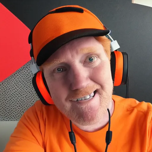 Image similar to middle aged streamer on twitch with black hat, stubble, ginger hair, orange hair, black cap, stubbles, red headphones, in the style of jeremiah ketner