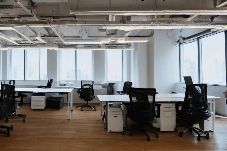 Prompt: an empty nyc office after everyone has moved out, empty desks