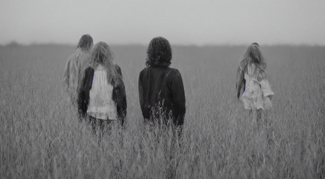 Prompt: a man and a woman standing in a field, scene from a 1 9 7 3 film, anamorphic lens, analog film, classic cinema, filmgrain, chromatic aberration