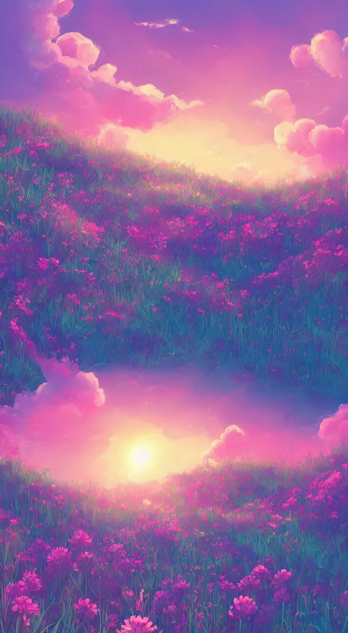 Image similar to cyan lush Field with beautiful flowers, aesthetic, calming, pink and purple clouds in the sky, brightly illuminated by rays of sun, Clouds backlit by the sun, sunset , artstation, colorful sylvan sarrailh illustration, by peter chan, day of the tentacle style