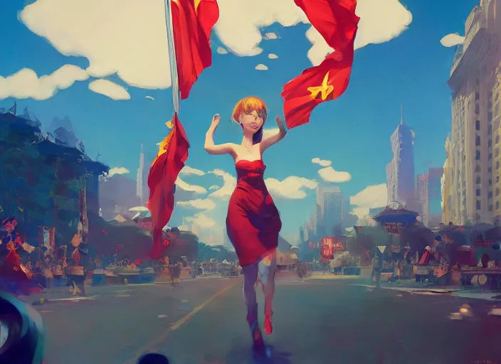 Prompt: gorgeous girl waving a China flag over her head running with Mandelbrot fractal enthusiastic crowd by Craig Mullins, ilya kuvshinov, krenz cushart, artgerm trending on artstation by Edward Hopper and Dan Mumford and WLOP and Rutkovsky, Unreal Engine 5, Lumen, Nanite