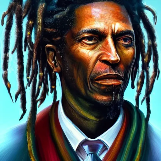 Image similar to portrait of rastafarian ronald reagan with dreadlocks, cyberpunk setting, futuristic, highly detailed, intricate lighting, digital painting, sharp focus, illustration, trending on artstation, art by magali villenueve.