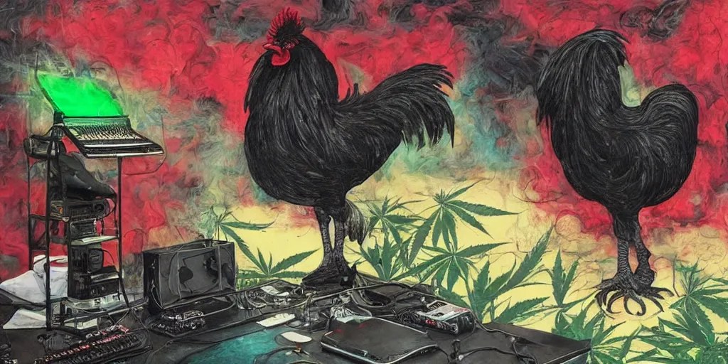 Image similar to 'black rooster'!!! smoking 'cannabis'!!!!!! in front of 'audio console'!!!! and 'pc masterrace RGB custom build'!!!!! 'multi monitors and projectors'!!!! 'in a hi-tech tv broadcasting studio with red camera rig'!!!!, artwork by James Gilleard