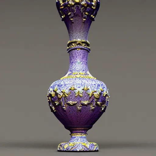 Prompt: An ornate baroque vase, violet, cerulean, sky blue, gold, silver, white black, volumetric dust rays, intricate detail, ultra realistic, cinematic lighting, moody, wet, shiny, octane render, art gallery