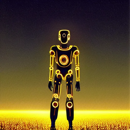 Image similar to digital painting of a glowing god with gold wires levitating in a wheat field, smooth and advanced robotic suit, lightning in sky, at night, stunning, cinematic lighting, concept art by greg rutkowski and simon stalenhag, artstation, cinematic, masterpice, insanely detailed, very realistic