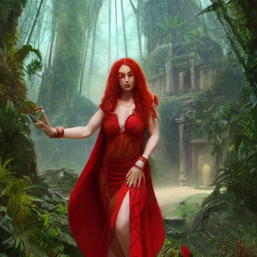 Prompt: portrait of a female sorceress with curly red hair wearing a red dress and a red cloak exploring the ruins of an abandoned maya city in the jungle, fantasy, highly detailed, digital painting, artstation, concept art, character art, art by greg rutkowski and tyler jacobson and alphonse mucha