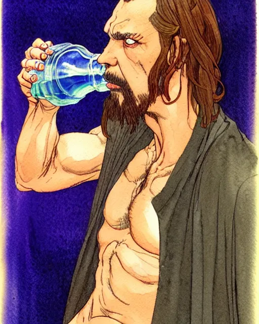 Prompt: a realistic and atmospheric watercolour fantasy character concept art portrait of a sleazy qui - gon jinn drinking out of a bottle with pink eyes wearing a wife beater. by rebecca guay, michael kaluta, charles vess and jean moebius giraud