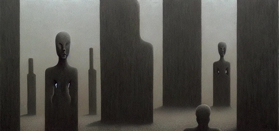 Prompt: dystopian surreal painting of eerie head statues and buildings by zdzisław beksinski, creepy, atmospheric, unsettling
