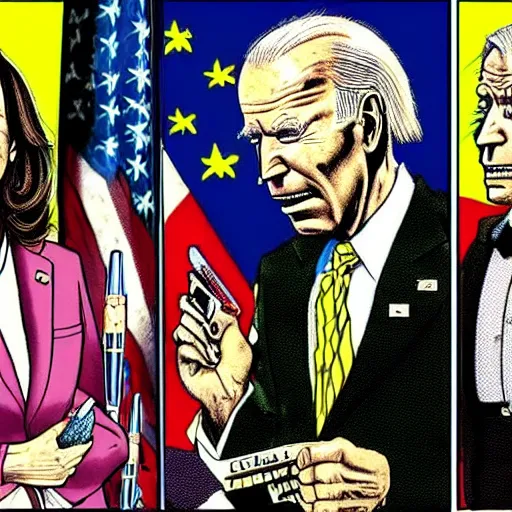 Image similar to The Artwork of R. Crumb and his Cheap Suit - Joe Biden and Kamala Harris, pencil and colored marker artwork, trailer-trash lifestyle