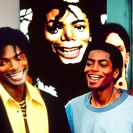 Image similar to michael jackson smiling at tupac ( 1 9 9 0 ), 4 k