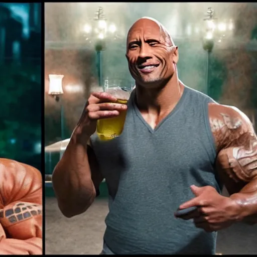Prompt: Dwayne Johnson and Pepe the Frog having a drink in a nighttime hotel, realistic, hyperreal, beautiful lighting, masterpiece, wide angle, photorealistic