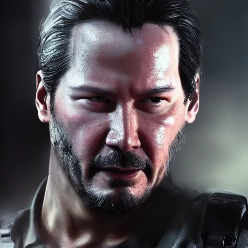 Image similar to Keanu Reeves as terminator , muscle extremely detailed, fantastic details full face, mouth, trending on artstation, pixiv, cgsociety, hyperdetailed Unreal Engine 4k 8k ultra HD, WLOP